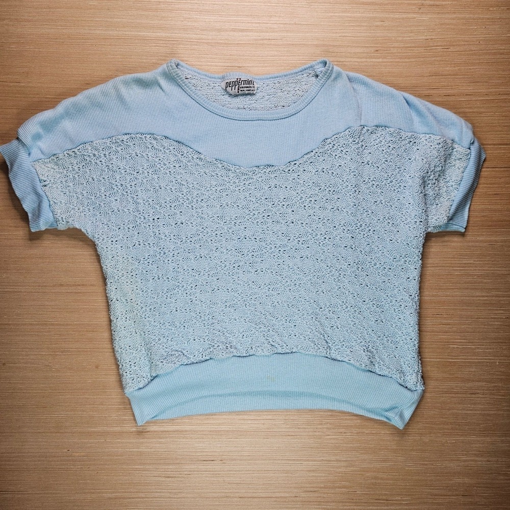Vintage 80s Boho Peppermint Casuals Ltd Top Womens Blue Knit Short Sleeve‎ READ